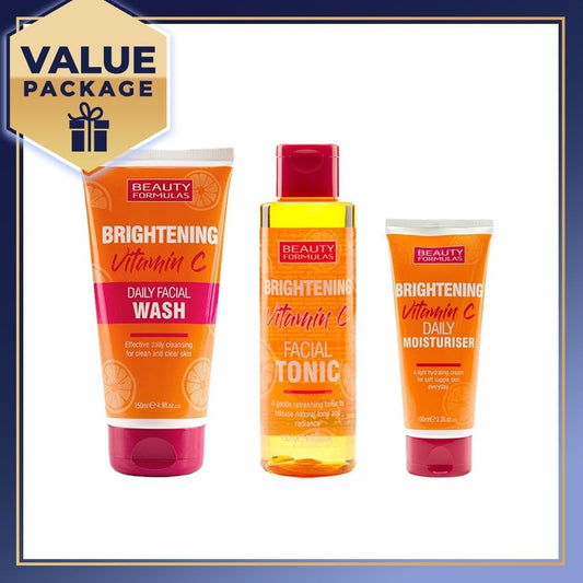 Beauty Formulas Brightening Vitamin C Bundle Brightening Facial Tonic 150Ml, Facial Wash 150Ml, Daily Moisturiser 100Ml, 3 Pieces