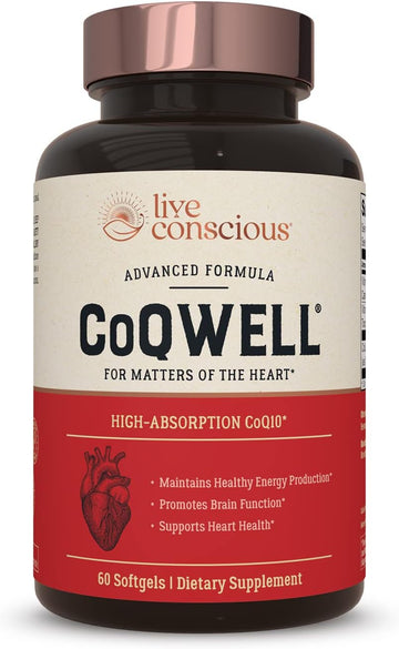 Live Conscious CoQWell - CoQ10 Heart, Brain, and Vascular Health Support | High-Absorption, Patented Coenzyme Q10 CoQsol | 60 Softgels - 60 Day Supply