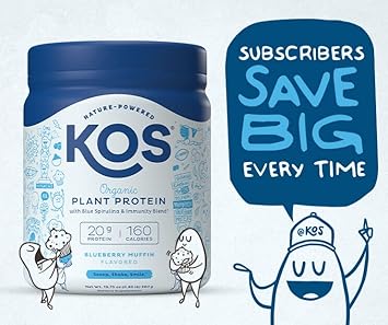 KOS Plant Based Protein Powder, Blueberry Muffin - Organic Pea Protein Superfood with Spirulina and Immune Support Blend. Soy, Gluten, Dairy Free - Vegan Meal Replacement for Women & Men - 10 Servings : Grocery & Gourmet Food