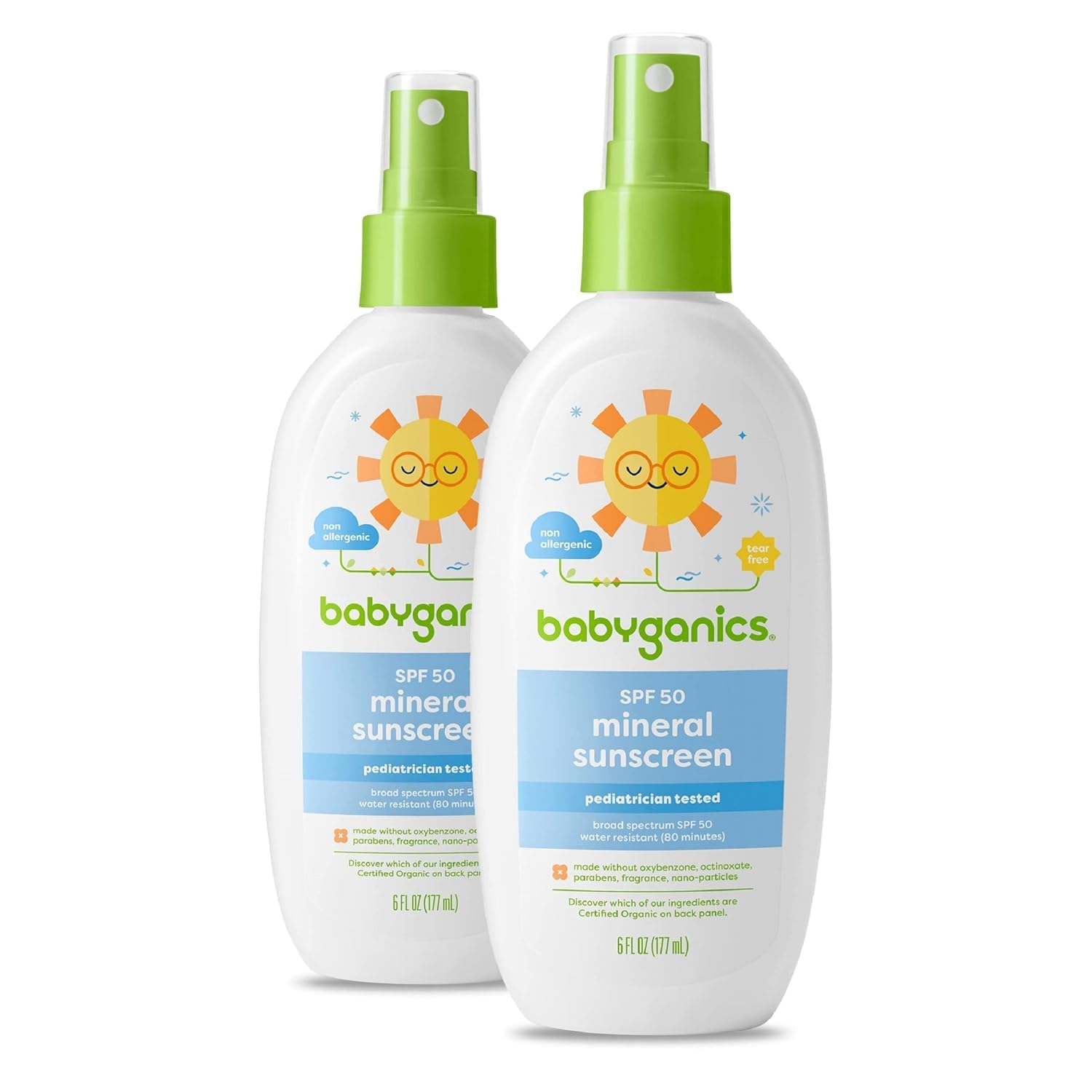 Babyganics Spf 50 Baby Sunscreen Spray | Uva Uvb Protection | Octinoxate & Oxybenzone Free | Water Resistant, Unscented, 6 Fl Oz (Pack Of 2)