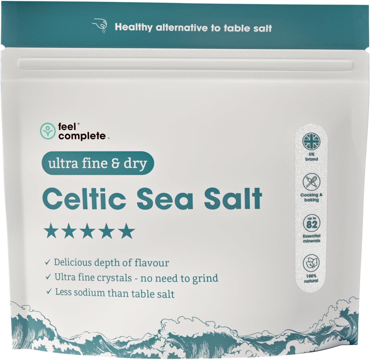 Feel Complete - 200G Ultra Fine & Dry Celtic Salt – No Grinding Needed – Organic Approved, 82 Essential Minerals – Healthy - Organic Alternative To Table Salt