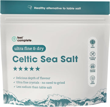 Feel Complete - 200G Ultra Fine & Dry Celtic Salt – No Grinding Needed – Organic Approved, 82 Essential Minerals – Healthy - Organic Alternative To Table Salt