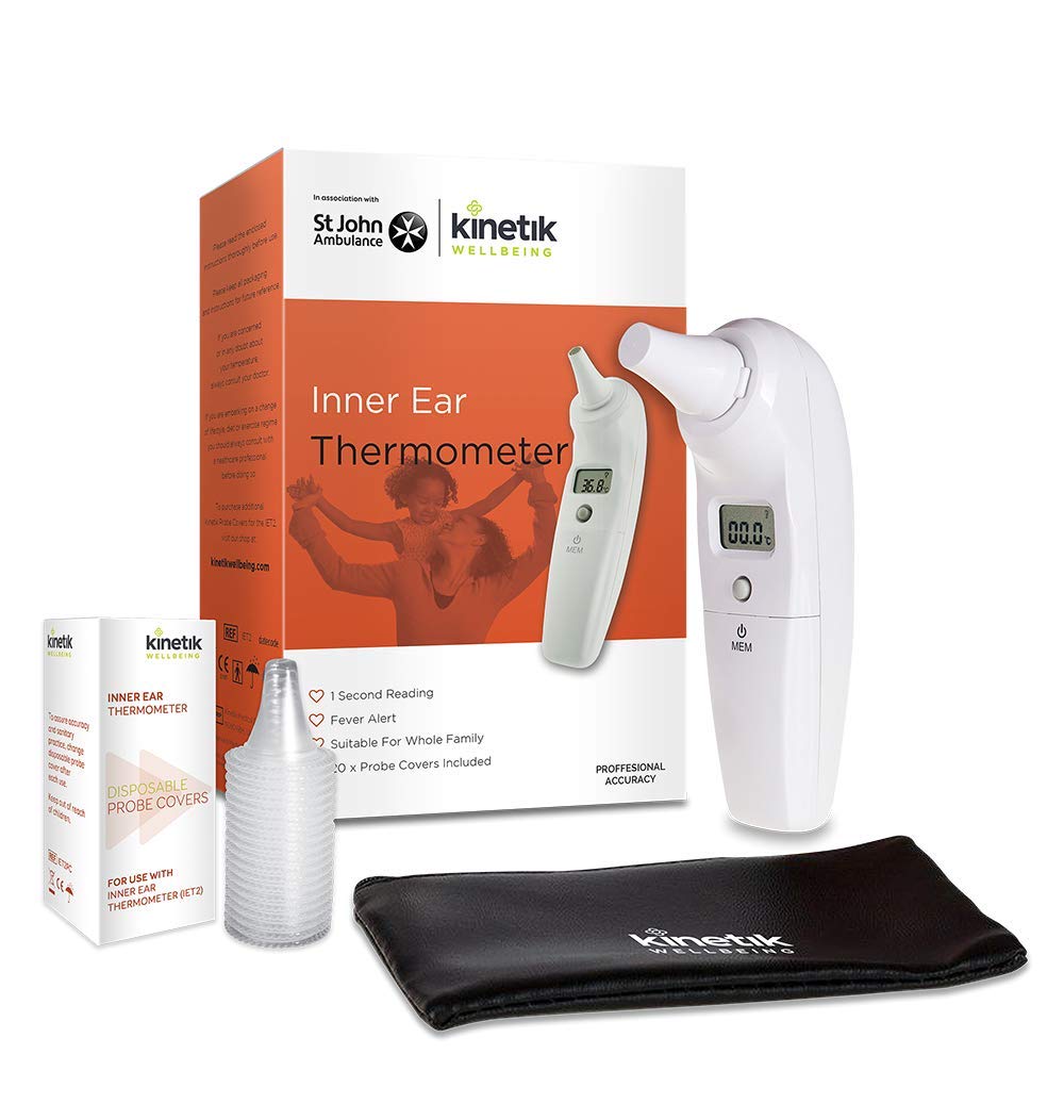 Kinetik Wellbeing Inner Ear Thermometer – Medical Body Temperature Thermometer For Adults, Kids, Baby From Birth, Fever Alert - Used By The Nhs, Quick & Accurate - Portable Travel Pouch