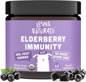 Llama Naturals Real Fruit Sambucus Elderberry Gummies for Kids | No Added Sugar Cane, Vegan, Organic Toddler Immune Support | Zinc & Natural Vitamin C | Children Immunity Boost | 60 ct (30 Days)