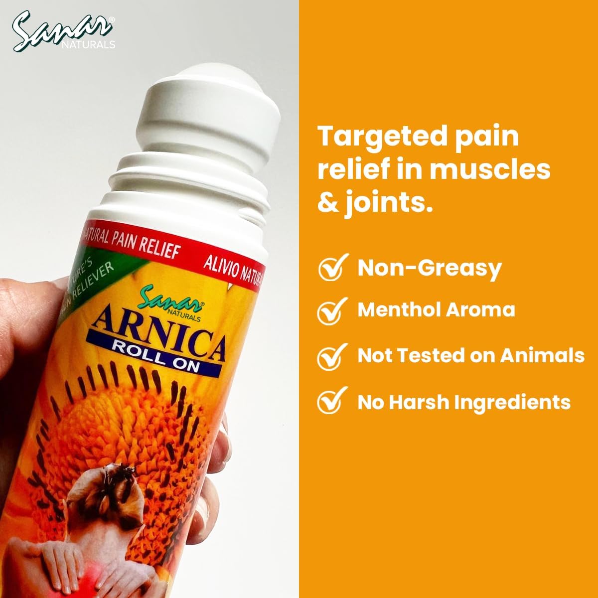 Sanar Naturals Arnica Roll On, 3 oz - Quick Pain Relief of Joint Pain, Muscle Pain, Muscle Soreness, Lower Back Pain and Neck Pain, Contains Menthol and Camphor, Non-Greasy : Health & Household