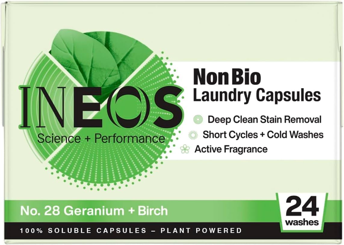 Ineos Non Bio Laundry Washing Capsules, 24 Washes, High Performance Stain Remover For Clothes, Soluble Capsules, Plant Powered, For Sensitive Skin, Geranium + Birch