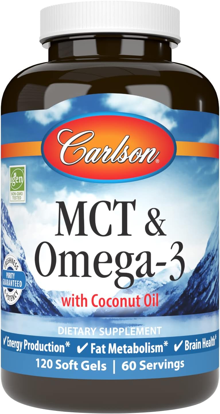 Carlson - Mct & Omega-3, Coconut Oil, Caprylic & Capric Acids, Epa & Dha, Energy Production, Fat Metabolism & Brain Health, 120 Softgels