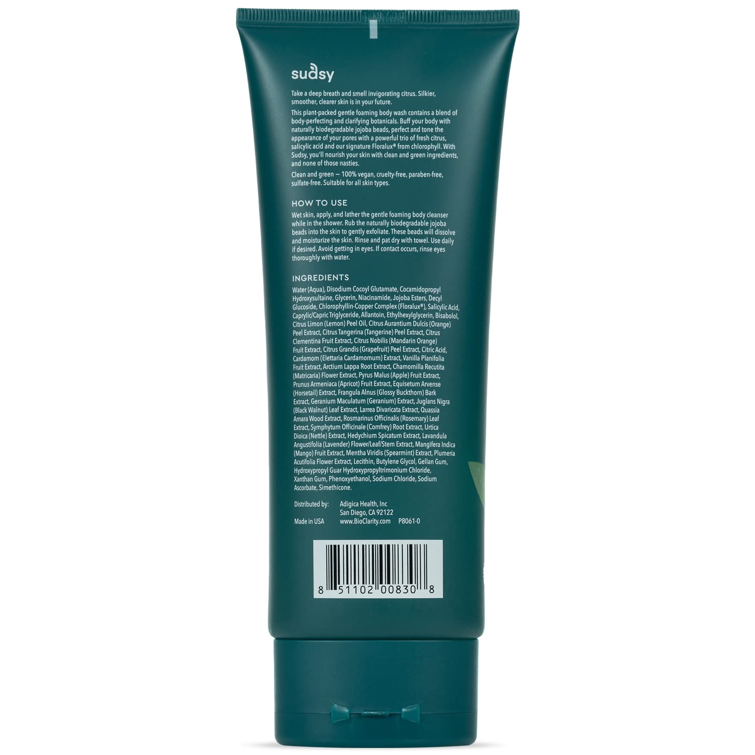 Bioclarity Sudsy Body Wash | Salicylic Acid, Detoxifying Herb And Fruit Extracts To Deeply Cleanse, Exfoliate, And Moisturize | With Floralux, Jojoba & Citrus | 100% Vegan | 8 Fl Oz : Beauty & Personal Care