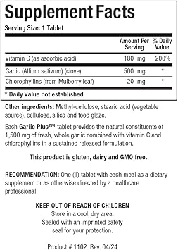 Biotics Research Garlic Plus Pure Garlic Concentrate Plus Vitamin C And Chlorophyllins, Supports Cardiovascular Health, Immune Function, Strong Antioxidant 100 Tablets