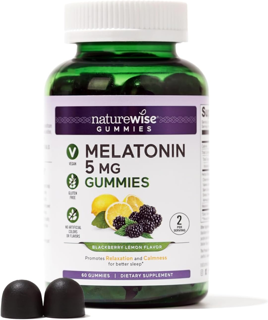 Naturewise Melatonin Gummies 5Mg - Sleep Aid & Relaxation With Ashwagandha, Valerian Root, Lemon Balm - Blackberry-Lemon Flavor - Vegan, Gluten Free, Non-Gmo - 60 Count[1-Month Supply]