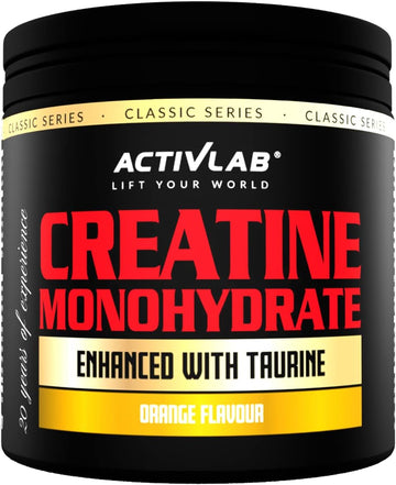 Activlab Creatine Monohydrate | Jar 300G | 50 Servings | Orange Flavor | Contains Taurine | Increasing Strength | Powder | 3X Lab Tested