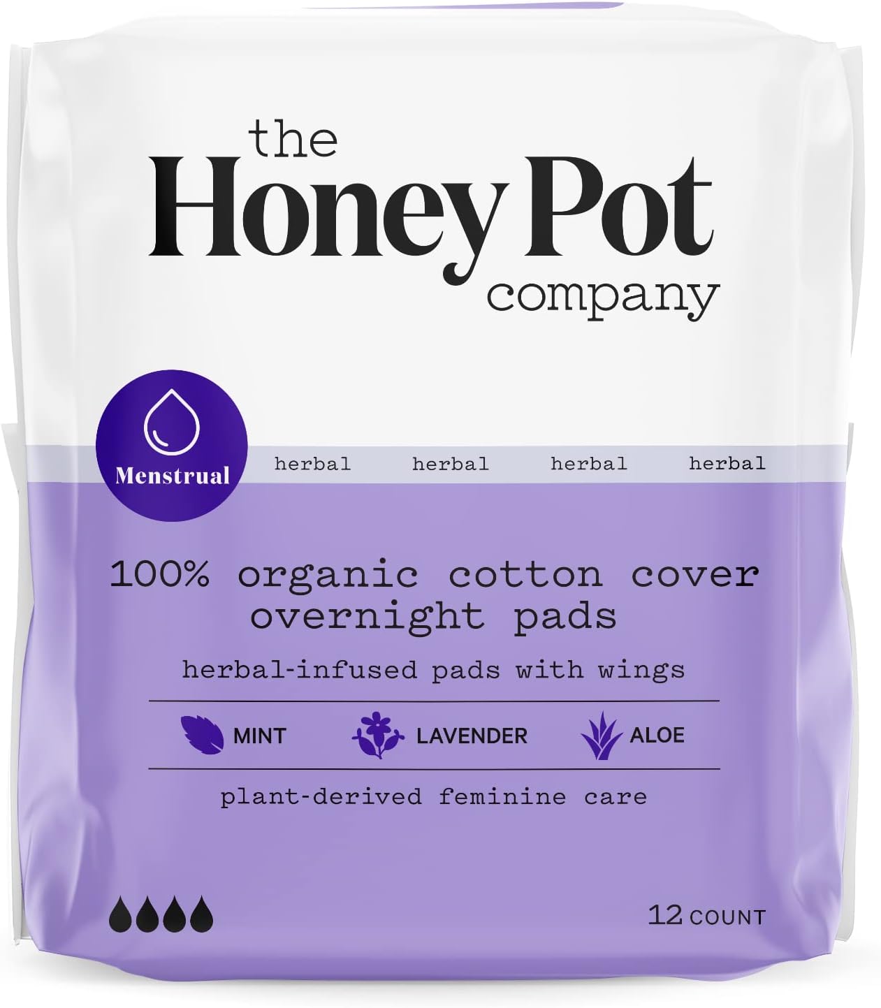 The Honey Pot Company - Herbal Overnight Pads with Wings. Infused w/Essential Oils for Cooling Effect, Organic Cotton Cover, and Ultra-Absorbent Pulp Core -Feminine Care- 12 ct