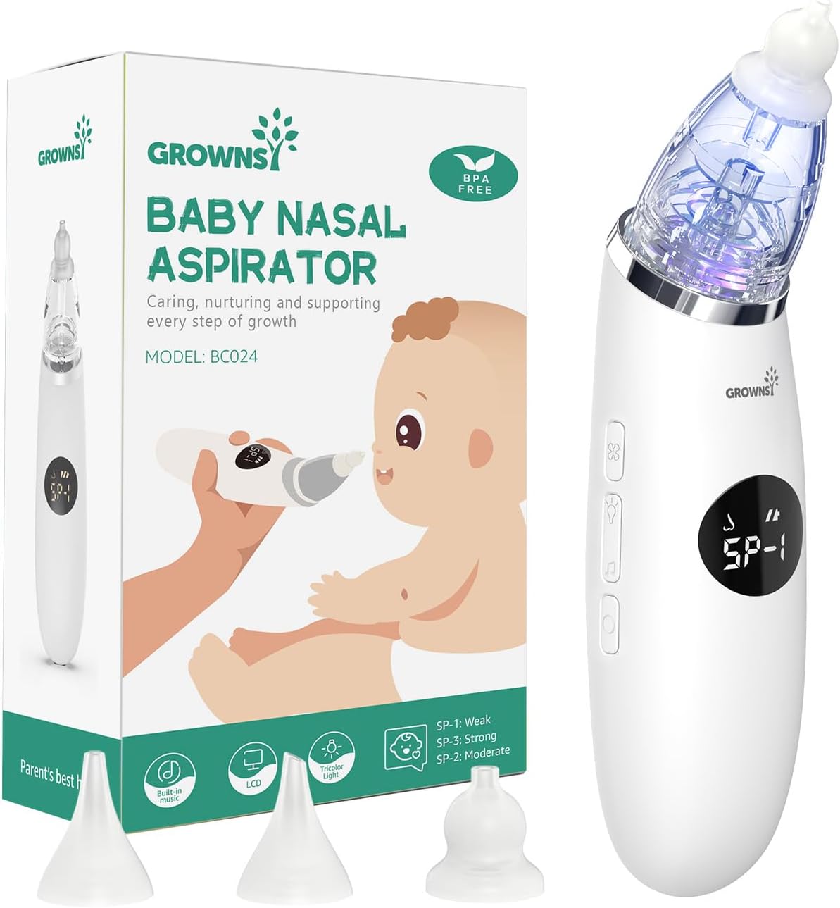 GROWNSY Nasal Aspirator for Baby | Baby Nose Sucker | Electric Nose Suction for Toddler, Ergonomic Booger Sucker with 3 Silicone Tips, Pause & Music & Light Soothing Function