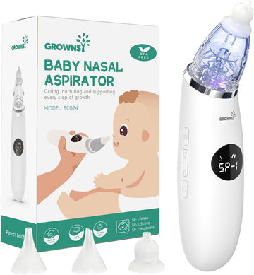 GROWNSY Nasal Aspirator for Baby | Baby Nose Sucker | Electric Nose Suction for Toddler, Ergonomic Booger Sucker with 3 Silicone Tips, Pause & Music & Light Soothing Function