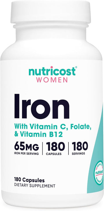 Nutricost Iron For Women 65Mg, 180 Capsules, With Vitamin C, Folate, & Vitamin B12 - Vegetarian Friendly, Non-Gmo, Gluten Free