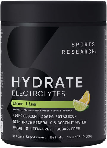 Sports Research® Hydrate Electrolytes Powder - Sugar-Free & Naturally Flavored With Vitamins, Minerals, And Coconut Water - Supports Hydration - Lemon Lime - 90 Servings