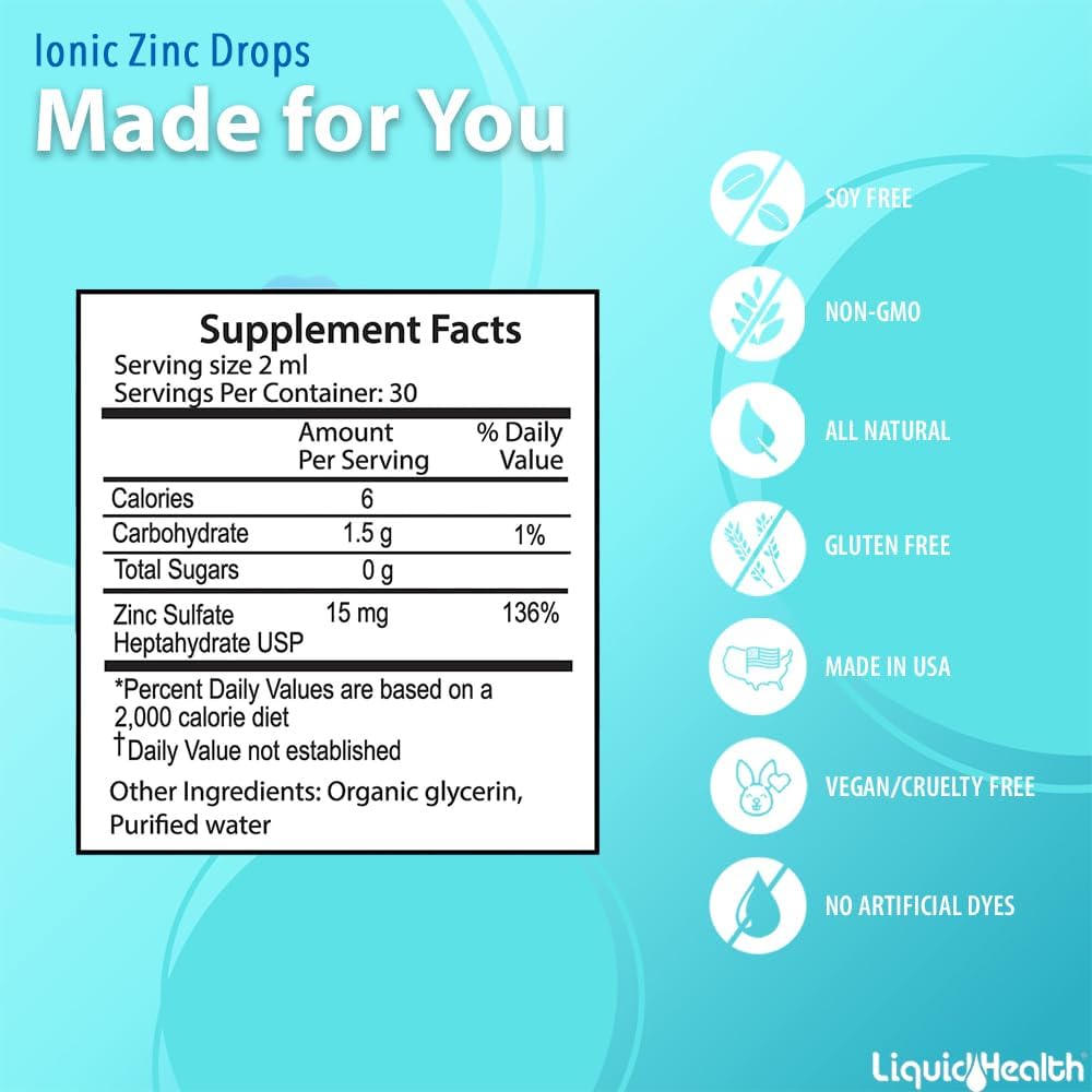 LIQUIDHEALTH Ionic Zinc 15mg, 2 Oz Zinc Liquid, Pure Zinc Vitamin Drops, Liquid Vitamin Zinc Supplement, Zinc Sulfate Heptahydrate for Adults, Men & Women, Kids 4 and up (3pack) : Health & Household