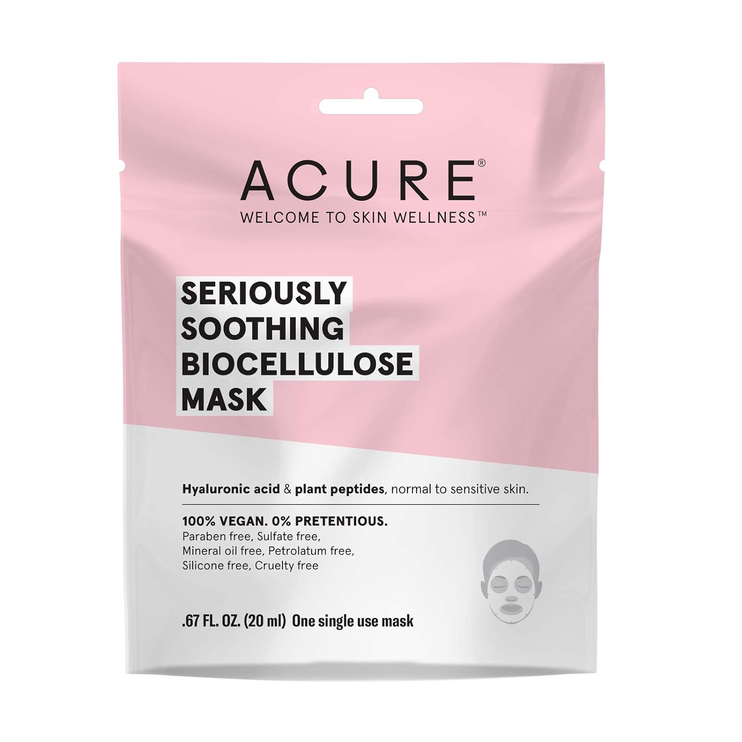 Acure Seriously Soothing Biocellulose Gel Mask | 100% Vegan | For Dry To Sensitive Skin | Hyaluronic Acid & Plant Peptides - Soothes & Hydrates | Single Use Mask | 1 Count, Multi Color