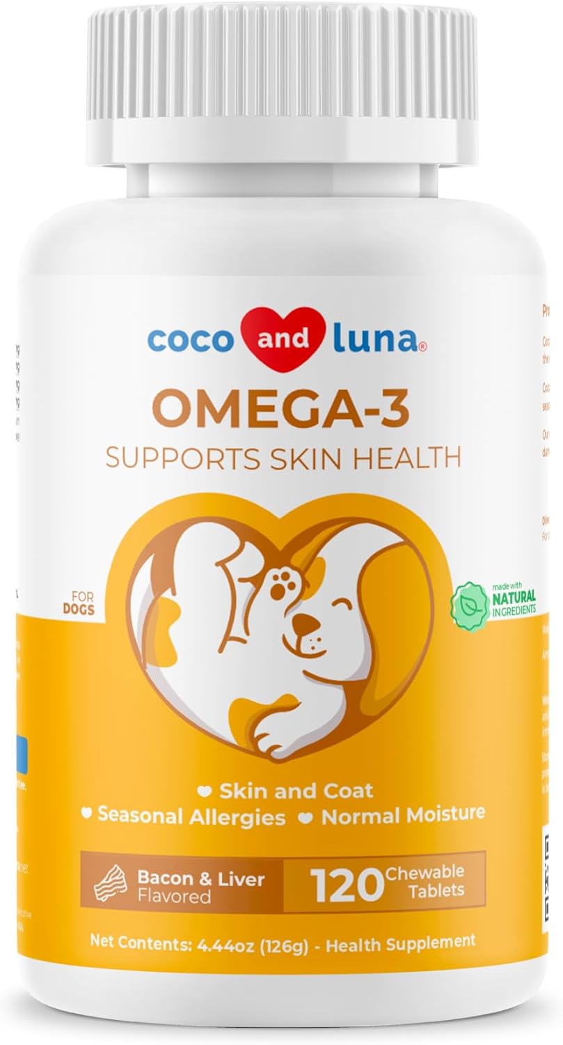 Omega 3 For Dogs - Fish Oil For Dogs Skin And Coat - 120 Chewable Tablets - Omega 3 6 9, Epa & Dha Fatty Acids For Dog Shedding, Dry Skin & Heart Support