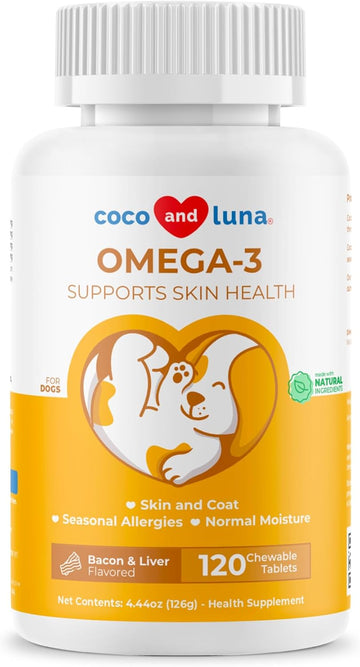 Omega 3 For Dogs - Fish Oil For Dogs Skin And Coat - 120 Chewable Tablets - Omega 3 6 9, Epa & Dha Fatty Acids For Dog Shedding, Dry Skin & Heart Support