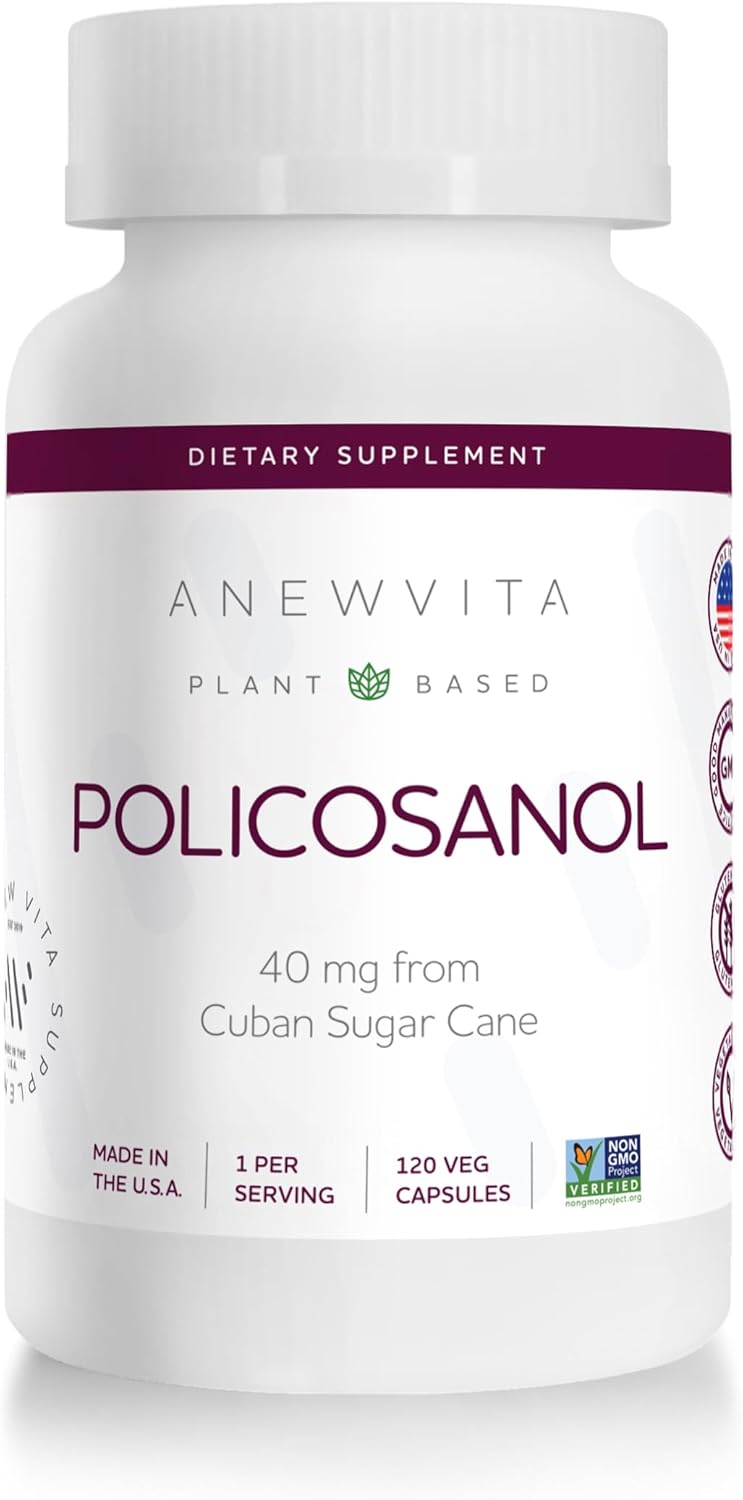 Anew Vita? Policosanol Supplement - Healthy Lipid Levels, Platelet Function & Circulation, Cuban Sourced Sugarcane, 40Mg Per Serving, Non-Gmo, Gluten-Free - 120 Veggie Capsules, Made In Usa