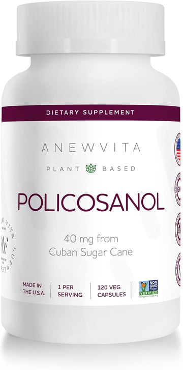 Anew Vita? Policosanol Supplement - Healthy Lipid Levels, Platelet Function & Circulation, Cuban Sourced Sugarcane, 40Mg Per Serving, Non-Gmo, Gluten-Free - 120 Veggie Capsules, Made In Usa