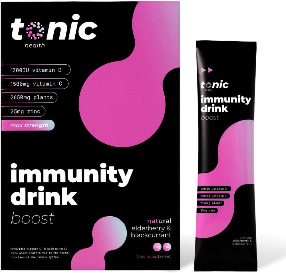 Tonic Health High Dose Immunity Supplement - Max Strength - Vitamin C, Vitamin D, Zinc. Plant Powered For Immune Recovery & Energy Boost - Vegan, No Sugar - Elderberry & Blackcurrant (10 Count)