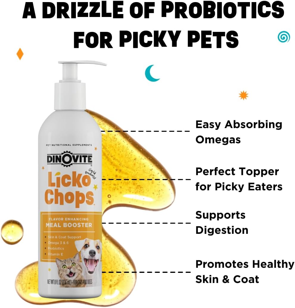 Dinovite Lickochops for Dog & Cat Supplement Enhanced with Omega-6, 3 Fatty Acids, Probiotics and Vitamin E, 16 oz with Pump : Pet Supplies