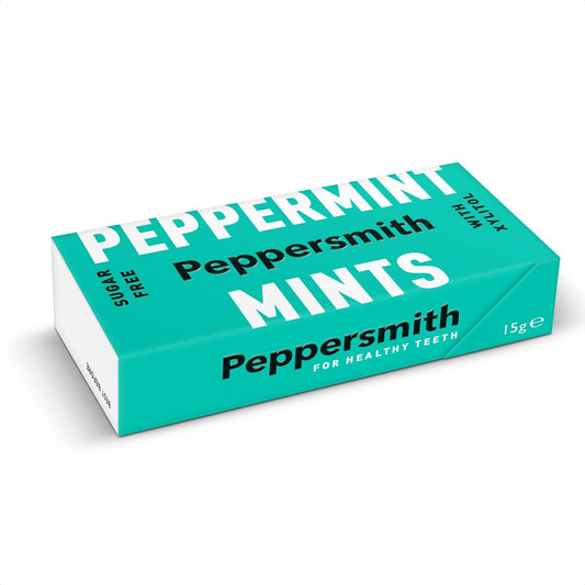 Peppersmith - British Peppermint Mints - 100% Plant Based Xylitol - Breath Freshener - Sugar Free Mints - Benefits Oral Health - Pocket Packs - 12x15g