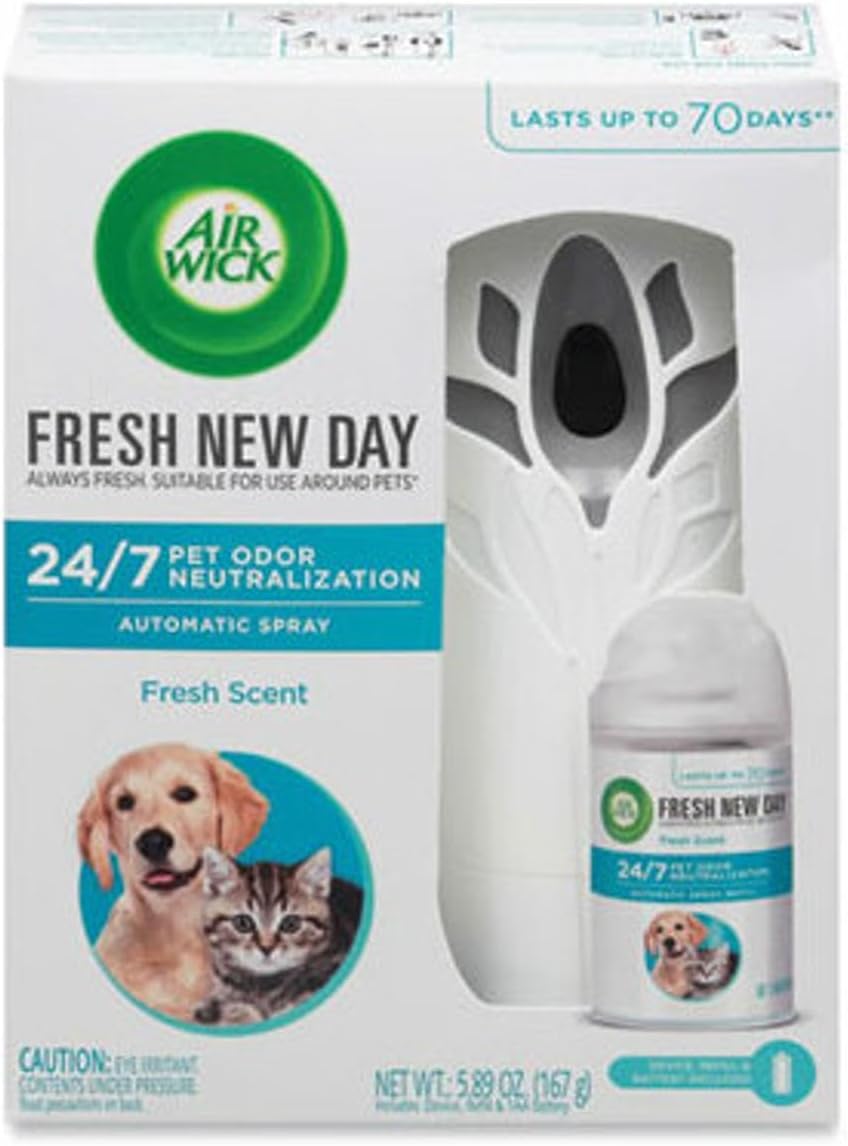 Air Wick Automatic Air Freshener Spray Starter Kit (Gadget + Refill), Pet Fresh Scent, Essential Oils, 24/7 odor-fighting protection