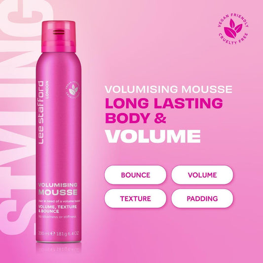 Lee Stafford Volumising Hair Mousse | Styling - Add Volume & Texture To Fine Frizzy Hair, Flexible Body Boosting Foam With Strong Hold, Great For Curly Hair, Mega Root Lift, 200 Ml
