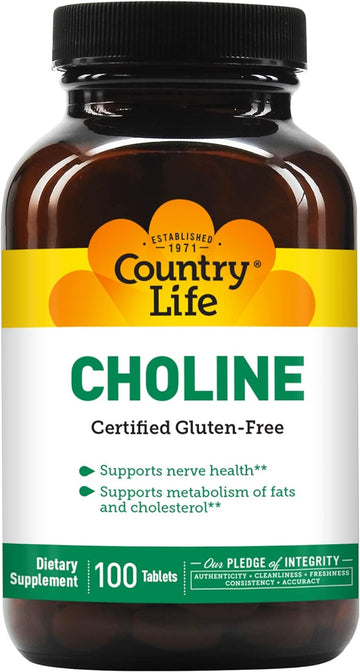 Country Life Choline 266Mg, 100 Tablets, Certified Gluten Free, Certified Vegan, Certified Halal