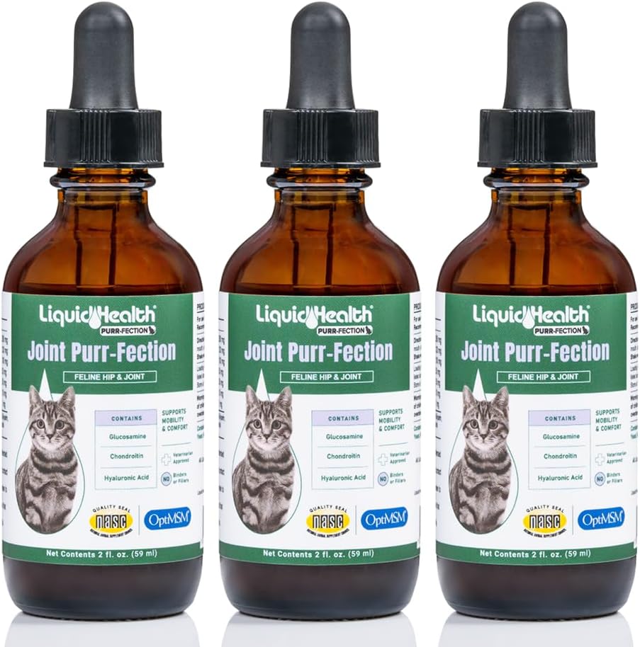 Liquidhealth 2.3 Oz Liquid Cat Glucosamine Joint Purr-Fection - Hip And Joint Health Relief Support, Chondroitin Feline Droppers -Senior Older Cats, Kittens - (3 Pack)