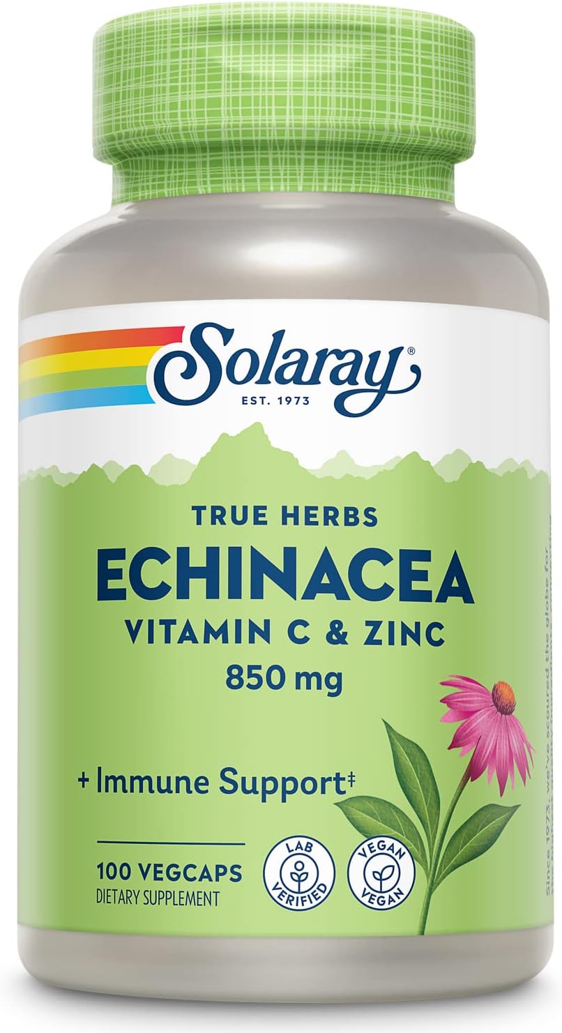Solaray Echinacea Vitamin C & Zinc 850Mg Plus Bioflavonoids, Echinacea Capsules For Healthy Immune Support, Vegan, Lab Verified, 60-Day Money-Back Guarantee, 50 Servings, 100 Vegcaps