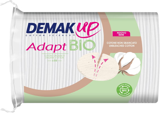 Demak'Up Adapt Organic Cotton Pads For Make-Up Removal - Face And Eyes - 100% Natural Organic And Unbleached Cotton Fibres - Gots Certified - 50 Cotton