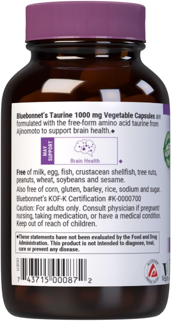 Bluebonnet Nutrition Taurine 1000 Mg, Nervous System Health*, Non-Gmo, Vegan, Kosher Certified, Gluten-Free, Soy-Free, 50 Vegetable Capsules, 50 Servings : Health & Household