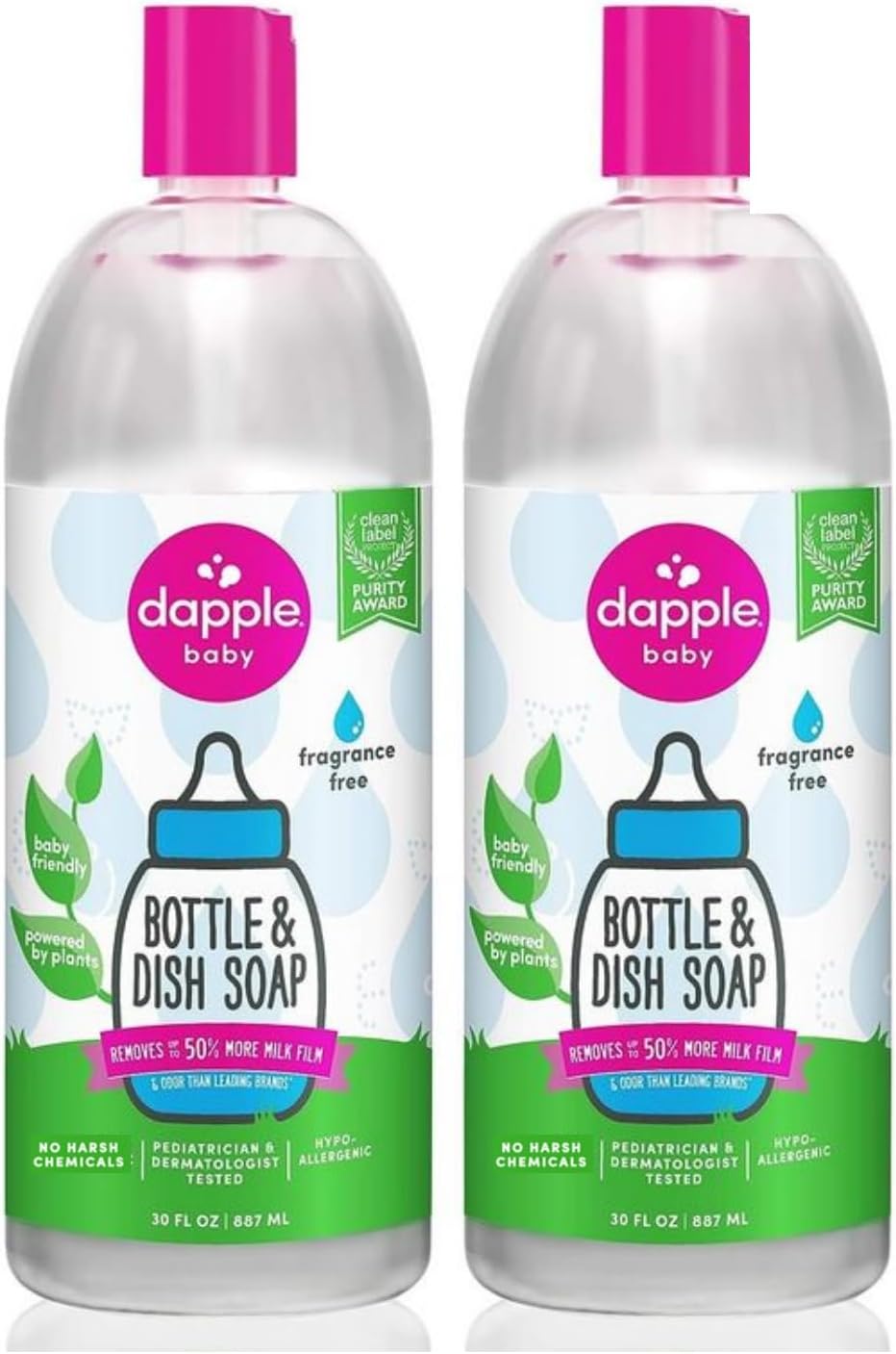 Dapple Baby Bottle Soap & Dish Soap Refill Baby, Fragrance Free, Plant Based Dish Liquid For Dishes & Baby Bottles - Hypoallergenic Soap, Liquid Soap Refill, 30 Fl Oz (Pack Of 2)