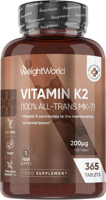 Vitamin K2 Mk7 200Mcg - 1 Year Supply - 365 Tablets - K2 Vitamin Supplements For Men & Women - 1 Tablet A Day - 100% All-Trans Mk-7 - Vegan, Non-Gmo & Magnesium Stearate-Free