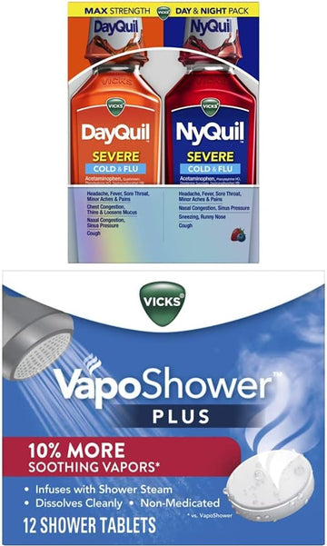 Vicks Vaposhower Plus, Shower Bomb Tablets, Extra Strong Soothing Vapors, 12 Tablets, Dayquil And Nyquil Severe, Liquid Cough, Cold And Flu Relief, Sore Throat, Fever & Congestion Relief