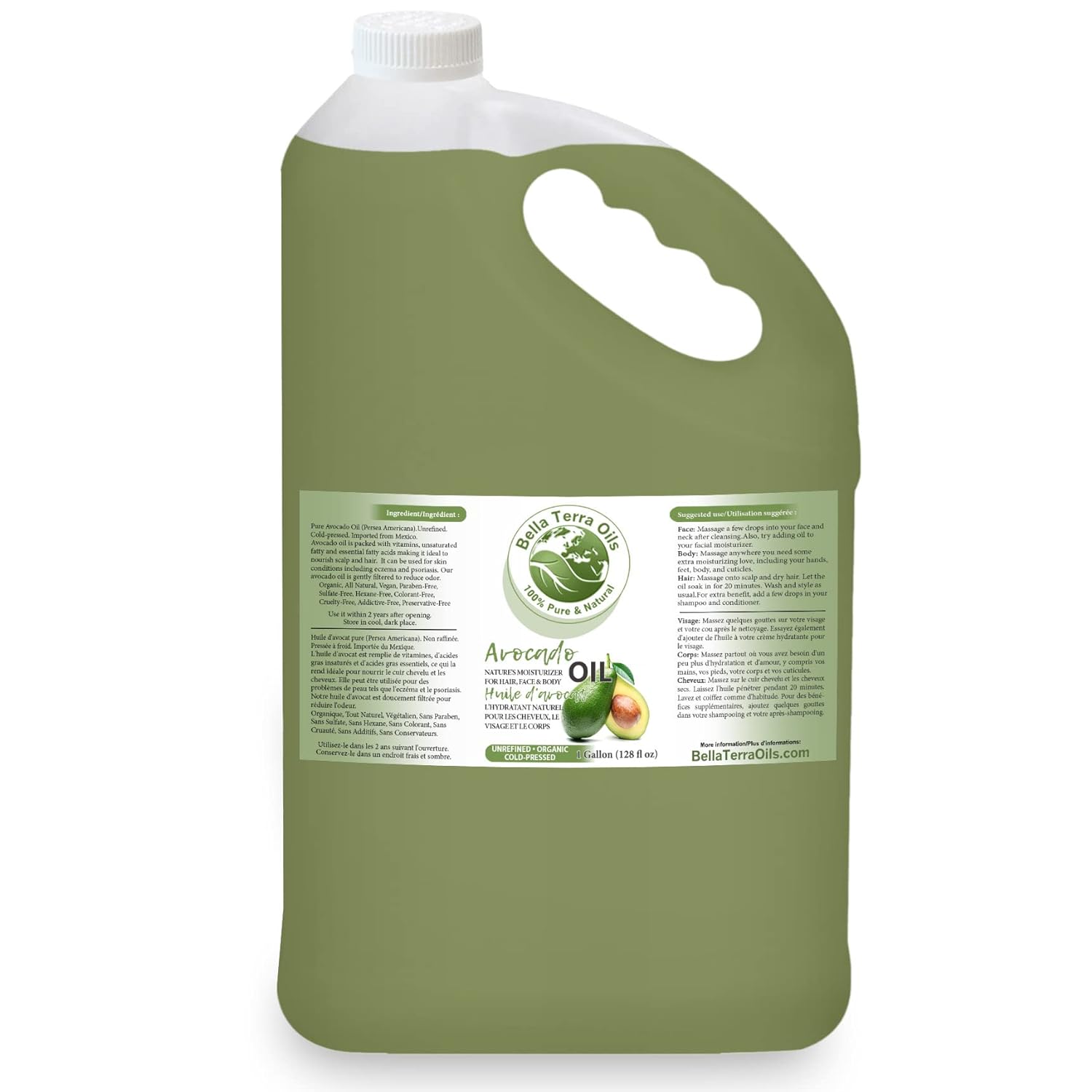 Bella Terra Oils Pure Avocado Oil for Skin and Hair Nourishment – 1gallon, Rich in Nutrients, Hydrating, Shine Enhancer