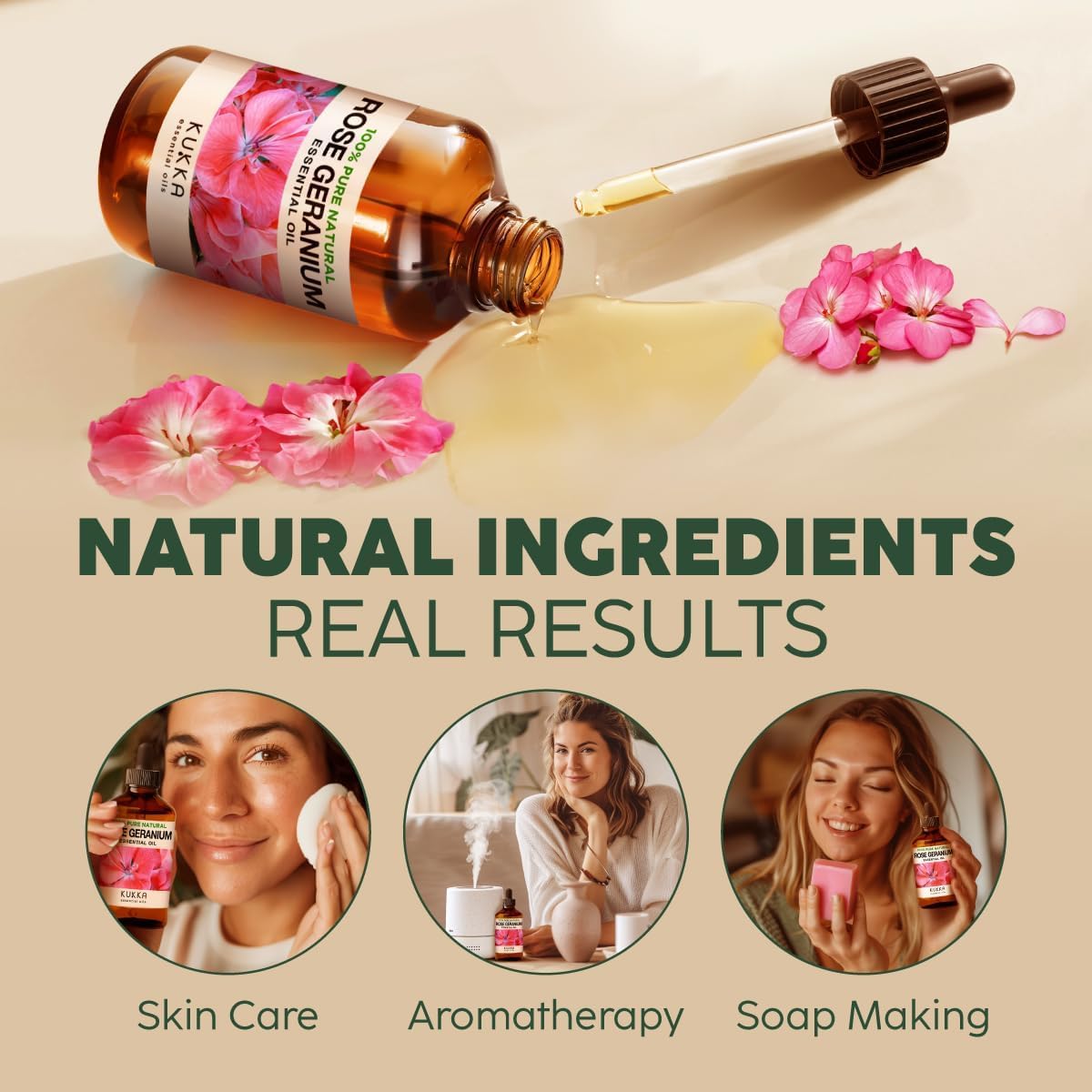 Kukka Rose Geranium Essential Oil for Skin - 100% Pure Natural 4 Fl Oz Geranium Oil for Diffuser - Rose Geranium Essential Oil for Aromatherapy - Soap Making Scent & DIY : Health & Household
