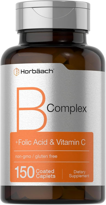 Horbäach B-Complex | 150 Caplets | Plus Folic Acid & Vitamin C | Non-Gmo & Gluten Free Supplement For Men And Women