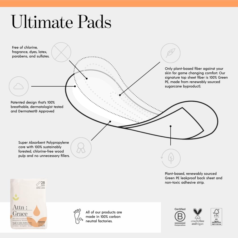Attn: Grace Moderate and Ultimate Incontinence Pads for Women (28 Pads in Each Pack) - High Absorbency Sensitive Skin Protection for Bladder Leakage or Postpartum/Discreet, Breathable, & Plant-Based : Health & Household