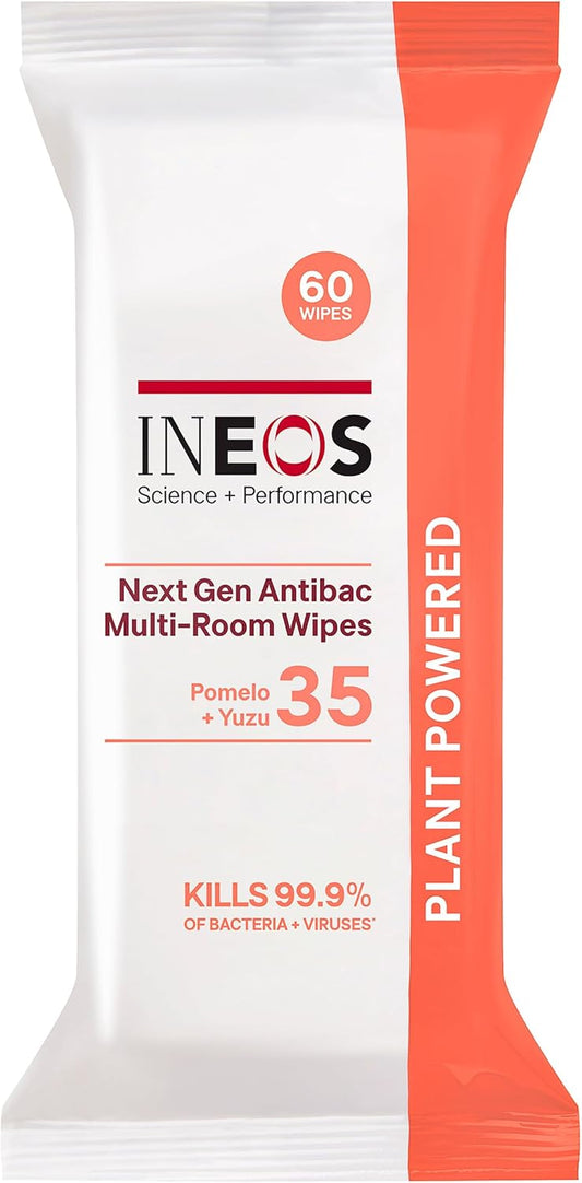 Ineos Next-Gen Antibac Multi-Room Disinfectant Biodegradable 60 Wipes, Rhubarb + Pomegranate, Kills 99.9% Of Bacteria + Viruses, Plant Powered, Packaging May Vary