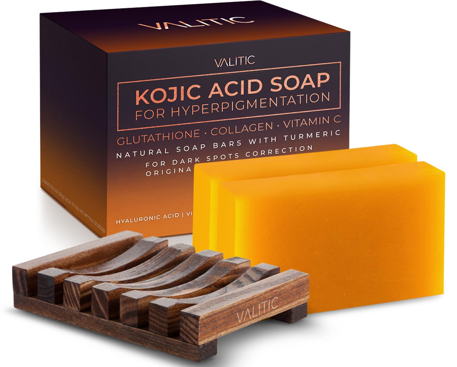 Valitic Kojic Acid Soap For Hyperpigmentation - With Glutathione, Collagen & Vitamin C - Natural Soap Bars With Turmeric - Original Japanese Complex For Dark Spot Correction - 2 Pack + Holder