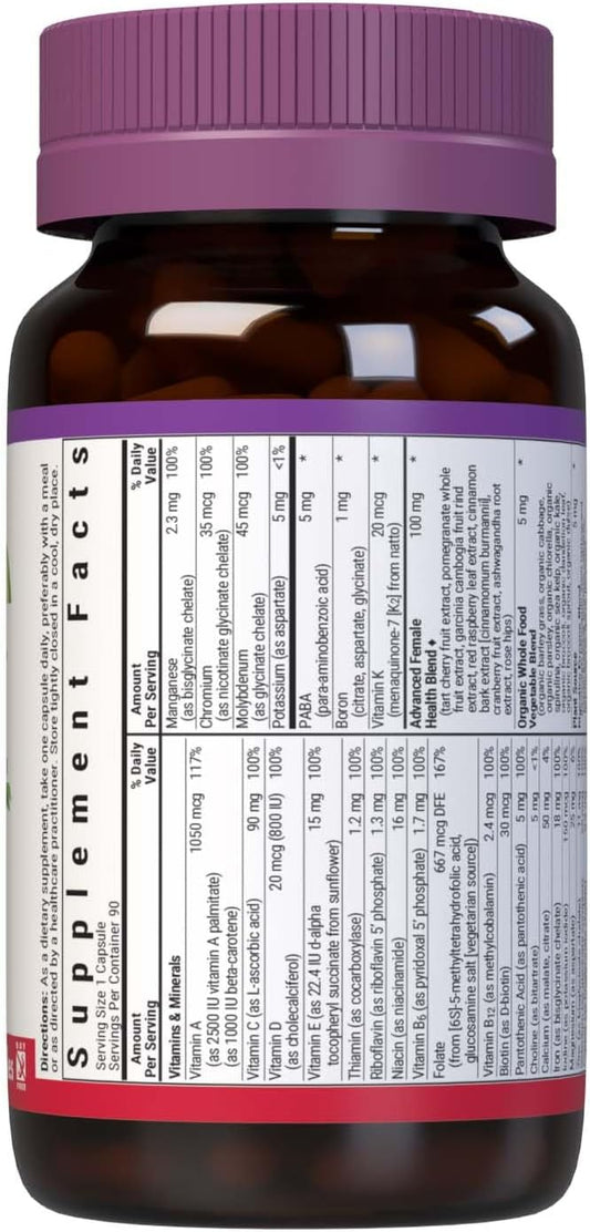 Bluebonnet Nutrition Ladies One Vegetable Capsule, Whole Food Multiple, K2, Organic Vegetable, Energy, Vitality, Non-Gmo, Gluten Free, Soy Free, Milk Free, Kosher, 90 Vegetable Capsule, 3 Month Supply