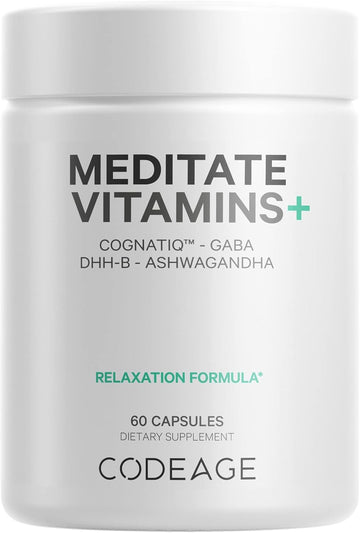 Codeage Meditate Vitamins Supplement - Gaba, Dhh-B, Cognatiq, Ashwagandha, Organic Mushrooms - Mind Vitamins Relaxation Calmness Support - Vegan - Non-Gmo - 60 Capsules