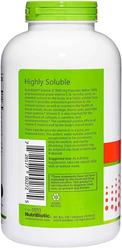 NutriBiotic - Vitamin C 1000 Mg Capsules, 500 Count | Essential Immune, Antioxidant & Collagen Support Supplement | Pharmaceutical Grade L-Ascorbic Acid, 1000 Mg Per Serving | Gluten & GMO Free