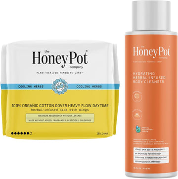 The Honey Pot Company - Heavy Daytime & Grapefruit Body Cleanser Bundle - Pads Insused W/Essential Oils - Hydrating Body Wash To Moisturize & Cleanse Skin - Feminine Care - Sanitary Pads - Fsa & Hsa