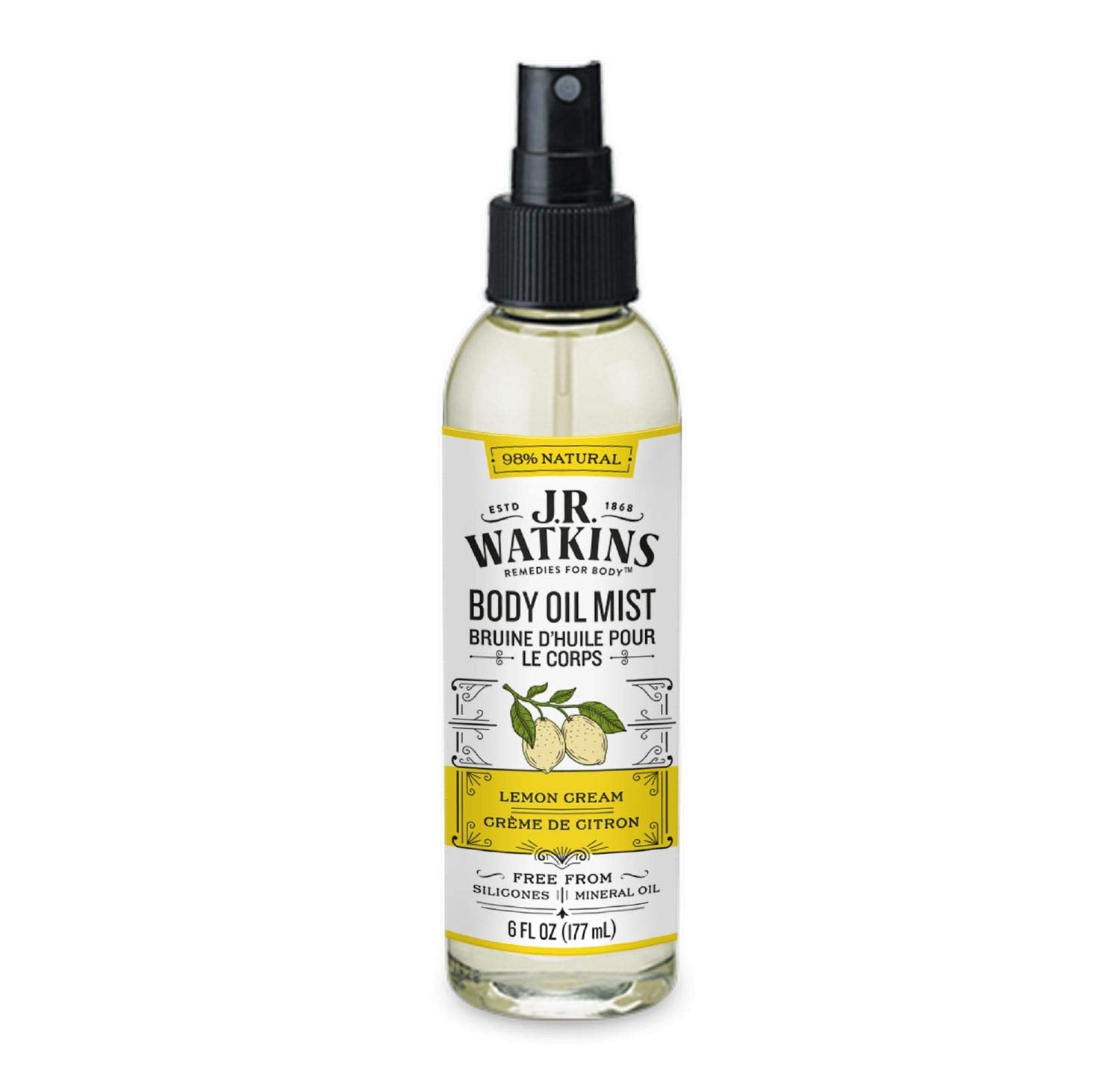 J.R. Watkins Natural Hydrating Body Oil Mist, Lemon Cream, Moisturizing Body Oil Spray For Glowing Skin, Usa Made And Cruelty Free, 6 Fl Oz, Single